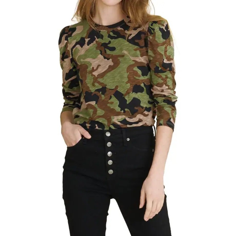 Veronica Beard Porter Puff Sleeve T-Shirt Army Multi Camo Crew Neck Size M